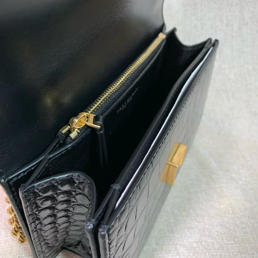 Tory Burch Black Croc-Embossed Mini Shoulder Bag with Gold Logo